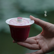 无落景德镇胭脂红釉下粉彩手绘含苞望舒两才盖碗，功夫茶具手工薄胎