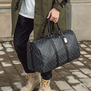 韩版男女士大容量，短途旅游出差行李袋，潮流黑格子手提包单肩包