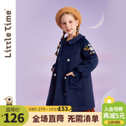 littletime女童毛呢外套秋冬装刺绣2023春秋中长儿童加厚大衣