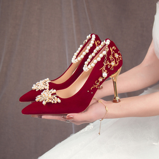 红色订婚鞋新娘鞋秀禾婚纱，两穿2024中式孕妇敬酒服高跟鞋细跟