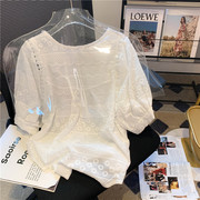 刺绣纯棉雪纺蕾丝衫女夏季韩版设计感小众泡泡，袖气质小衫上衣