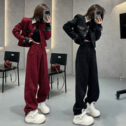 欧货2024春秋韩版时尚休闲套装女洋气拼接短外套直筒裤两件套