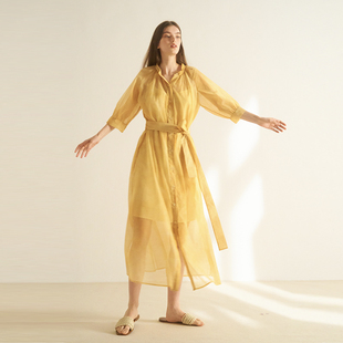 CUISUYUN22夏独立设计师黄色扎染中袖宽松系带飘逸衬衫长款连衣裙