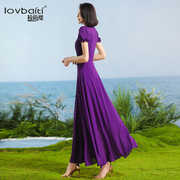 紫色大摆显瘦连衣裙，夏季气质别致雪纺，收腰超长裙到脚踝762