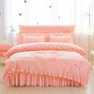 韩版婚庆公主风蕾丝床裙款四件套薄款花边，床罩床套1.8m米床上用品