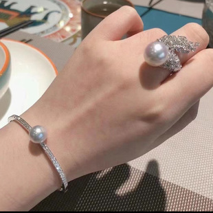 diy珍珠配件 S925纯银时尚大气珍珠戒指手镯空托洋气指环手环银托