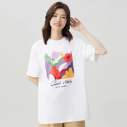 白领哥弟新2023夏季纯棉圆领抽象印花图案宽松短袖T恤女A301189