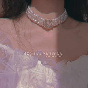 超仙气复古公主宫廷风水晶，镶钻珍珠锁骨链轻奢小众设计感短款项链