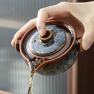 窑变盖碗茶杯家用防烫单个泡茶壶带不锈钢，过滤功夫茶具手抓壶套装
