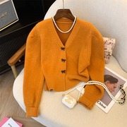 橘黄色复古短款毛衣女秋冬甜美蝴蝶结针织开衫小个子长袖上衣外套