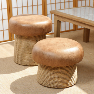 榻榻米矮凳艺术成人圆凳子，蘑菇换鞋凳实木沙发，家用麻绳客厅小凳子