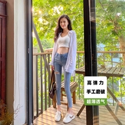 乞丐破洞小脚牛仔裤女夏季薄款弹力，修身紧身裤毛边小个子九分裤春