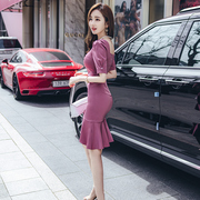 连衣裙2024夏时尚性感气质有女人味的方领紫色修身鱼尾包臀裙