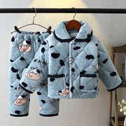 儿童冬季睡衣法兰绒三层加厚夹棉套装宝宝男童女童珊瑚绒家居服