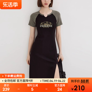 范洛2024夏季新美式(新美式)复古撞色开衩连衣裙女设计感显瘦短袖t恤裙子