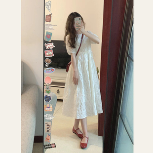 高级感白色连衣裙女夏季2023韩版法式泡泡，袖收腰显瘦桔梗裙长裙子