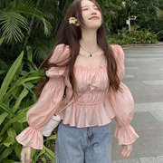 高品质 实价粉色方领喇叭泡泡袖衬衫女春秋设计感小众短款娃