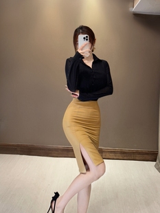 思瑞冷艳御姐原创设计黑色假两件微透衬衫性感，+黄色修身中长裙
