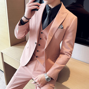 粉红色西服套装男士韩版修身休闲潮流小西装外套，帅气新郎结婚礼服