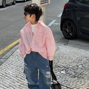 韩系儿童洋气粉色条纹衬衫，2023春秋韩版长袖男童衬衣外套休闲