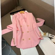 外贸撤回一线品牌女装清货英伦粉色小个子系腰带西装西服外套