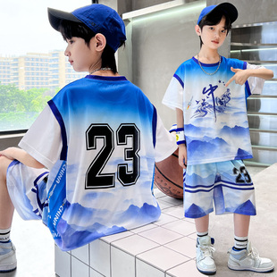 男童夏装球服套装洋气，儿童夏季篮球服中大童运动短袖速干衣中国风