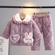 冬季儿童睡衣法兰绒加厚夹棉套装女童宝宝，长毛绒小白兔保暖家居服
