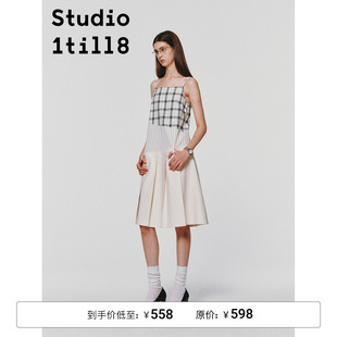 studio1till8|米色，拼接面料防水拒油百褶吊带裙连衣裙