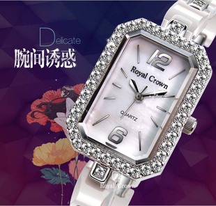 萝亚克朗Royal Crown优雅方形镶钻陶瓷时尚手链表手表女表石英表