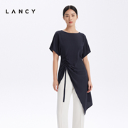 LANCY/朗姿夏季真丝圆领短袖套头T恤女士抽褶显瘦气质高级感上衣