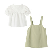 时髦童装宝宝夏季衣服2023白色海军领棉质女童套装时尚宝宝背带裙