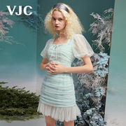 VJC/威杰思女装春夏连衣裙修身包臀甜美减龄灯笼袖复古女