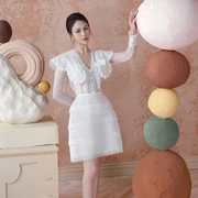 越南设计师夏气质重工水溶刺绣蕾丝收腰白色长袖连衣裙女