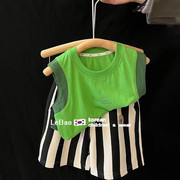韩版童装男童夏装套装，宝宝纯棉绿色纯棉背心，宝宝条纹短裤两件套潮