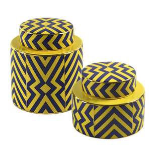 现代美式轻奢设计感几何蓝色条纹黄色陶瓷装饰罐两件组合套装摆件