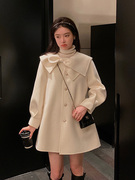中长款小个子毛呢外套女2022冬韩系法式复古呢子宽松大衣白色
