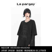 lapargay纳帕佳2023女装，黑色上衣个性时尚修身圆领，中长款t恤