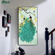 纯手工绣好的十字绣成品花开富贵绿孔雀竖版客厅卧室装饰挂画