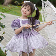女童蕾丝公主裙女孩，西班牙泡泡袖连衣裙儿童生日，礼服裙紫色花