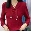 中国风盘扣v领衬衫女春季珠珠装饰设计感褶皱打底衫长袖上衣