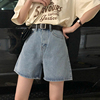 韩国东大门2024夏韩版简约两色牛仔短裤高腰阔脚裤女不含腰带