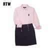 RTW春衬衫女美式小熊粉色竖条纹长袖衬衣蓝色牛津布修身外套上衣