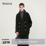 miavia黑色经典复古双排扣双面，呢保暖全羊毛呢短款外套大衣