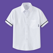 男童校服白色衬衫纯棉2021夏装，薄款翻领袖口黑边，小学生半袖白衬衣(白衬衣)