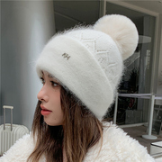 时尚甜美大毛球毛线帽女保暖针织，套头帽冬季韩版防寒护耳兔毛冷帽