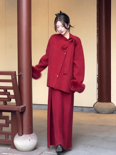 大码新中式过年红色战袍，套装女秋冬高级感复古名媛气质外套半身裙