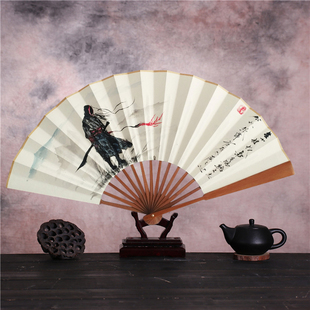 寒江孤影手绘国画创意折扇，古风水墨传统宣纸折扇装饰道具拍照汉服