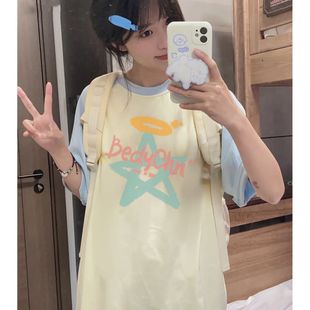 2024夏季新款字母五角星印花纯棉短袖t恤女学生中长款拼色上衣潮