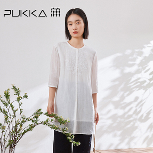 蒲pukka苎麻衬衫，女2024春夏绣花圆领新中式，五分袖白衬衣