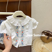 女宝宝夏装衬衫2023重工，刺绣纯棉娃娃衫中小童，洋气泡泡袖衬衣